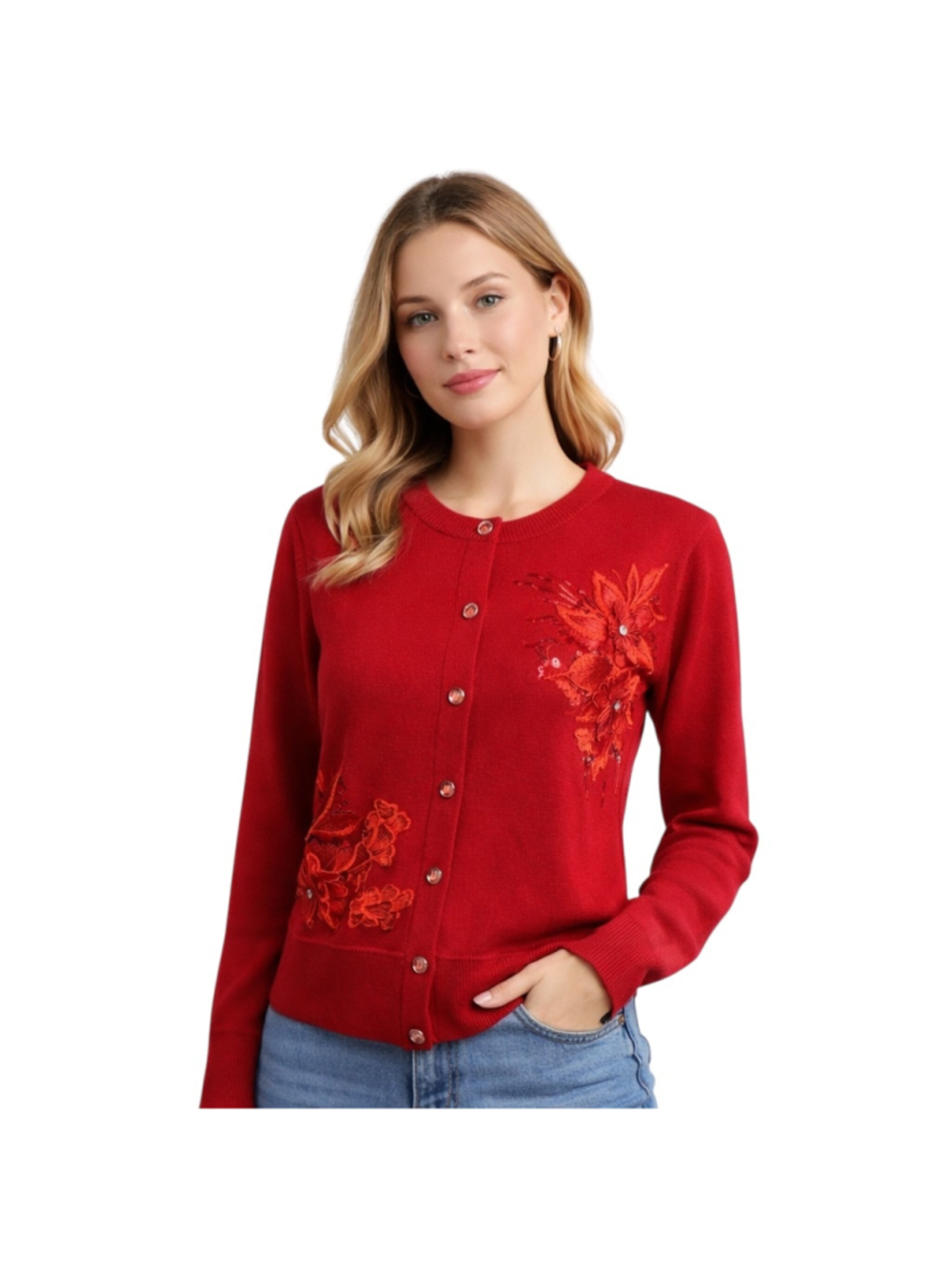 Anton Munay Red Floral Embellished Cardigan PM Petite Statement Knit